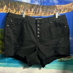 Torrid Button Fly Distressed Black Denim Jean Shorts